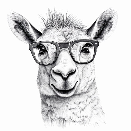 Portrait of lama with glasses, graphic drawing, black and white, funny t-shirt design. AI generativeの素材