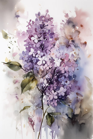 Bouquet of lilac flowers. Soft colors, vertical digital watercolor painting. AI generativeの素材