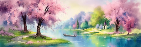 Spring landscape with blooming cherry trees, lake and boat. Digital panoramic painting. AI generativeの素材