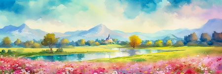 Summer landscape with pink wildflowers, river and mountains. Digital panoramic painting. AI generativeの素材