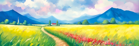 Panoramic rural landscape with meadow and mountains. Digital painting. AI generativeの素材
