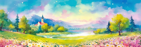 Panoramic landscape with view on lake, mountains and church. Digital watercolor painting. AI generativeの素材