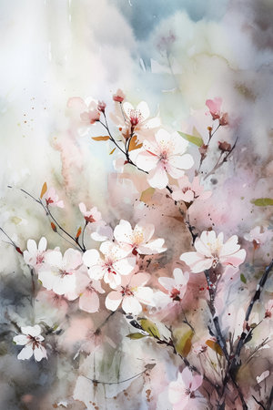 Digital watercolor painting of cherry blossom branch. Spring vertical background. AI generativeの素材