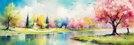 Idyllic spring scenery with river and blossom trees. Countryside landscape, panorramic view. AI generativeの素材