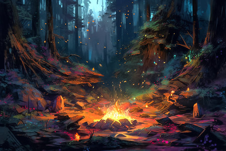 Digital painting of a fantasy forest with a bonfire in the foreground. AI generativeの素材
