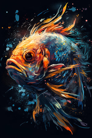 Colorful digital illustration of a fish on black background. AI generativeの素材