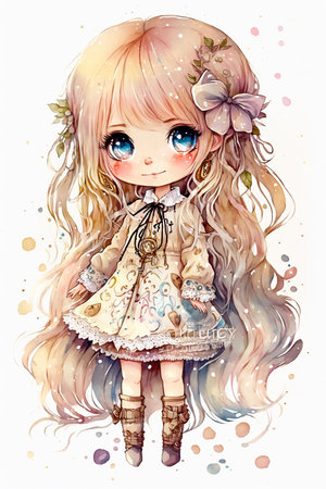 Cute little anime girl with long blond hair and blue eyes. Watercolor portrait on white background. AI generativeの素材