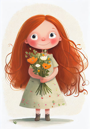 Little red-haired girl with a bouquet of wildflowers. Illustration for children's book. AI generativeの素材