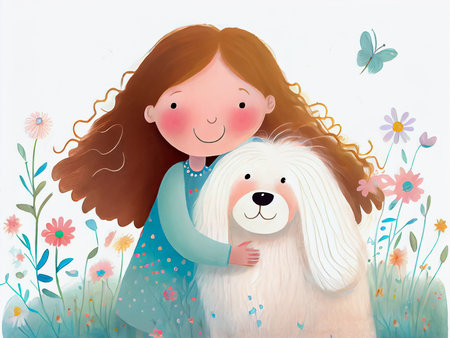 Cartoon little girl hugging a white dog on the meadow. Children's book illustration. AI generativeの素材