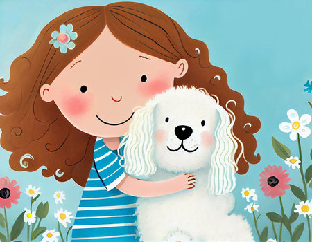 Cute cartoon little girl with a dog on a blue background with flowers. Illustration for children's book. AI generativeの素材