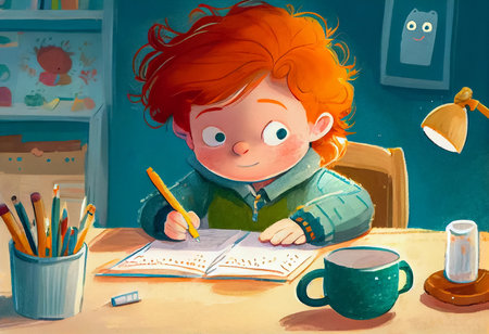 Cartoon little red-haired boy writes in a notebook at the table in the room. Illustration for children's book. AI generativeの素材
