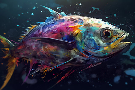 Digital illustration of a tuna fish on a black background. Oil painting style. Modern artwork. AI generativeの素材