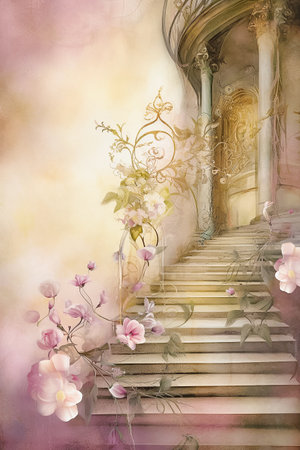 Delicate background with staircase with pink flowers in soft colors. AI generativeの素材
