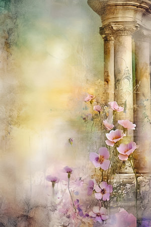 Watercolor background with antique column and pink flowers. Digital painting in pastel tones. AI generativeの素材
