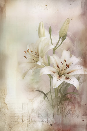 White lilia flowers on grunge background. Watercolor backdrope in pastel tones. AI generativeの素材