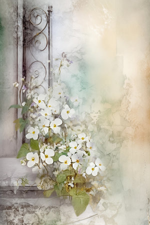 White pansy flowers on the old iron fence, grunge background in soft colors. AI generativeの素材