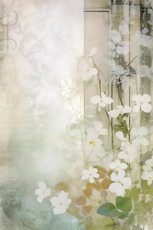 Grunge floral background with white flowers. Pastel tones. AI generativeの素材