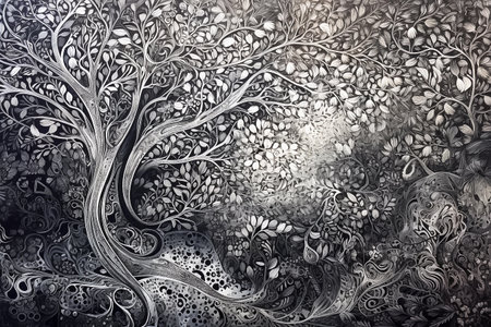 Background with intricate organic texture of forest in silver tones. AI generativeの素材