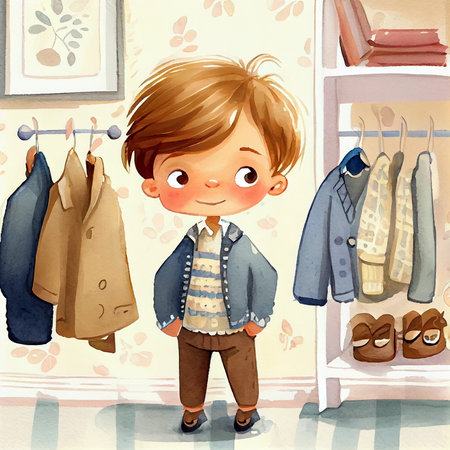 Cartoon cute little boy dressed for a walk. Digital watercolor illustration. AI generativeの素材