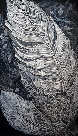 Vertical background with intricate organic texture and silver feathers in grey tones. AI generativeの素材