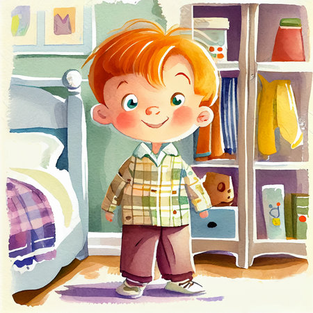 Cartoon digital watercolor illustration of a cute little boy standing in pajamas in his bedroom. AI generativeの素材