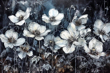 Background with organic texture of white forest flowers, in grey tones. AI generativeの素材