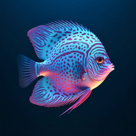 Glowing fluorescent discus fish, isolated on dark background. AI generativeの素材