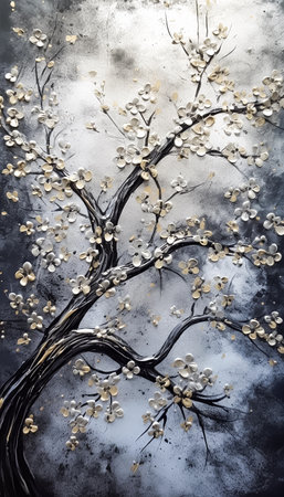Vertical background with intricate organic texture and white flowers on the twig, neutral tones. AI generativeの素材