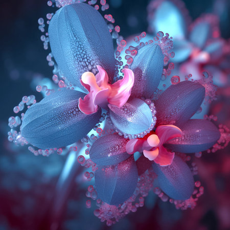 Illustration of blue orchid flower, macro shot. AI generativeの素材