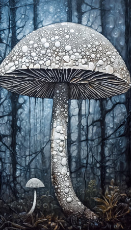 Background with intricate organic texture of silver mushrooms in night forest in calm monochrome colors. AI generativeの素材
