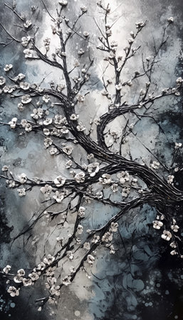 Vertical silver background with blooming tree. AI generativeの素材