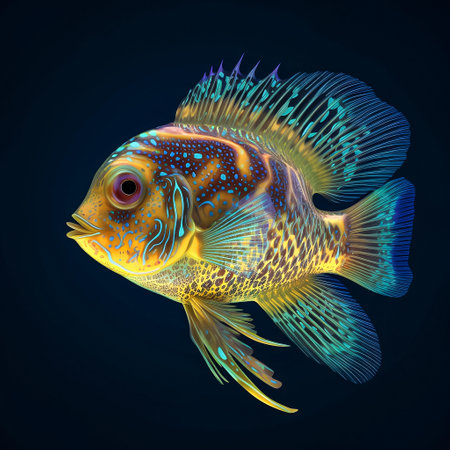 Phantasmal glowing fluorescent coral fish, isolated on dark background. AI generativeの素材