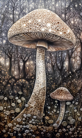 Mushrooms background with organic texture, glowing forest in soft neutral tones. AI generativeの素材