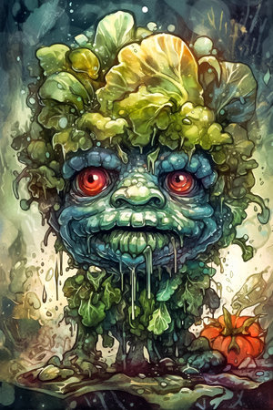 Watercolor humor halloween illustration of a monster spinach. AI generativeの素材