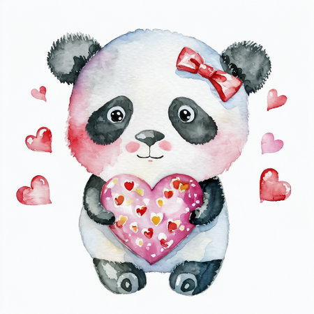 Watercolor illustration of cute panda bear with heart on white background. AI generativeの素材
