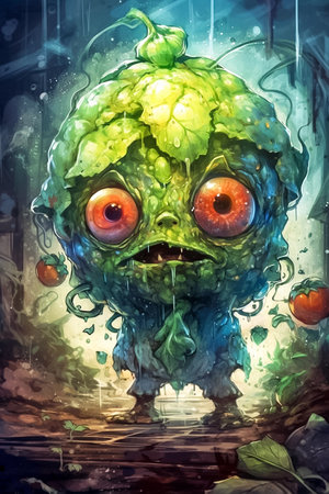 Fantasy illustration of a green monster with big eyes in the form of a artichoke. AI generativeの素材