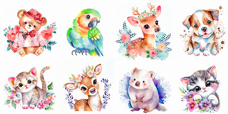 Watercolor set of cute cartoon wild animals, pets and parrot. Children's drawing. AI generativeの素材