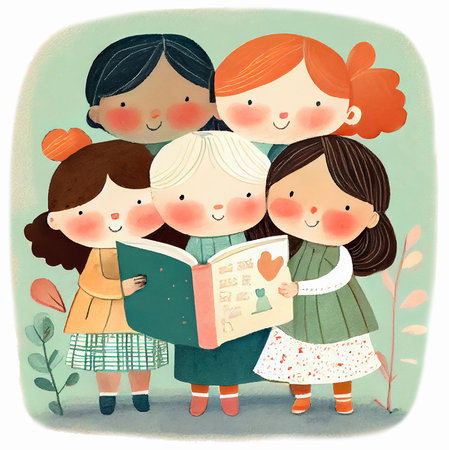Group of cute little girls reading a book outdoors. Illustration for children's book. Generative AIの素材