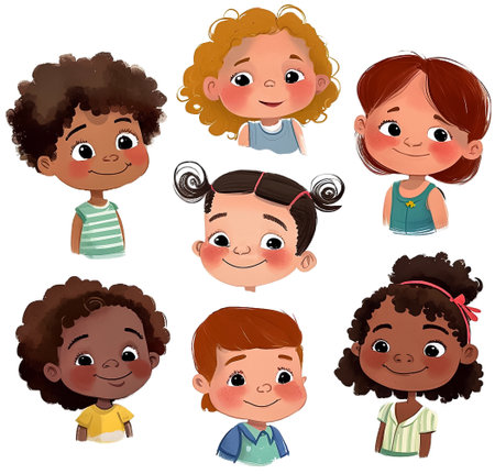 Set of cartoon kids avatars, multinational happy little children faces, isolated on white background. AI generativeの素材