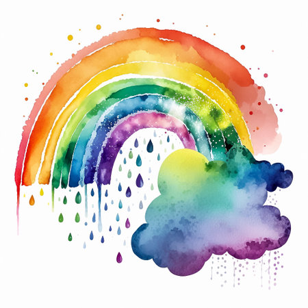 Watercolor illustration of rainbow and cloud, season weather. Rainy day. AI generativeの素材