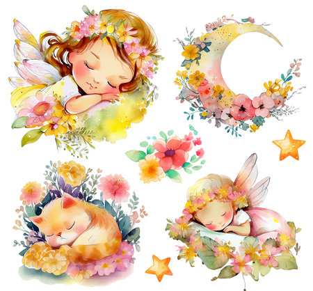 Cute cartoon sleeping little fairy. Watercolor clipart set of fairy, moon, kitty and flowers. AI generativeの素材