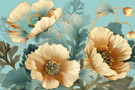 Floral artwork with poppies on blue background. AI generativeの素材