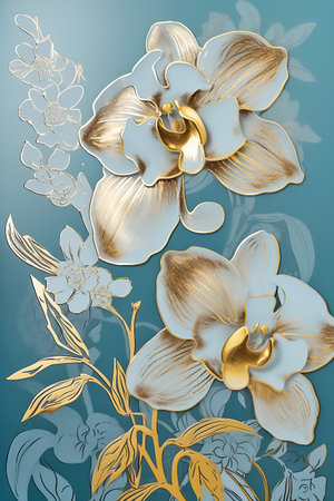 Golden orchid flowers on blue background. Whimsical artwork. AI generativeの素材