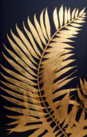Gold leaf of palm tree isolated on black background. Exotic plant. Vertical wall art. AI generativeの素材