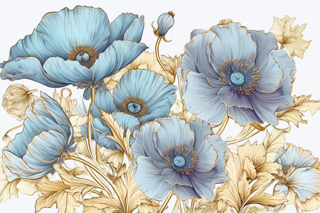 Blue poppies with golden leaves on a white background. AI generativeの素材