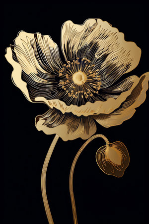 Golden poppy flower on a black background. Ornate vertical artwork. AI generativeの素材