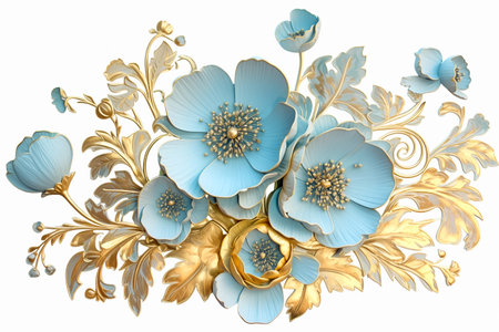 Illustration of a blue poppies with gold leaves ornament isolated on white background. AI generativeの素材