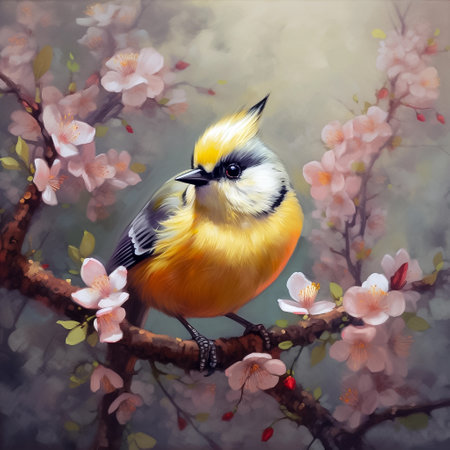 Titmouse on a branch with sakura flowers. Oil painting style. AI generativeの素材