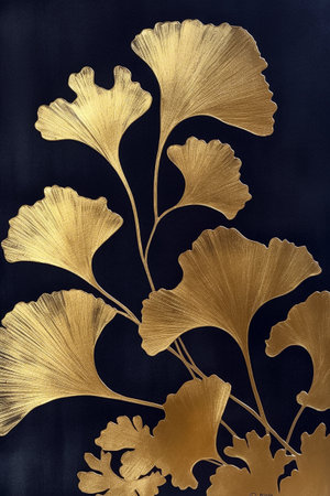 Golden ginkgo biloba leaf on a black background. Close up. Vertical wall art. AI generativeの素材