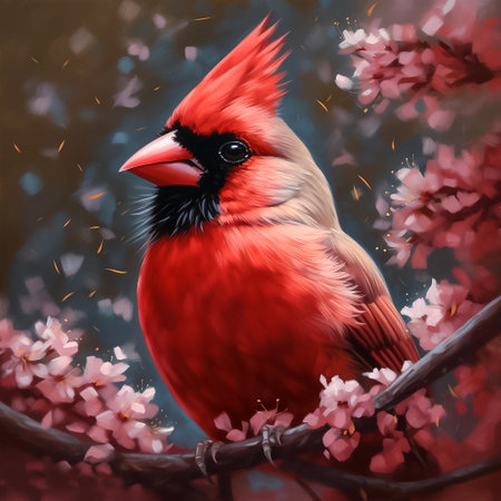 Red cardinal bird on a branch with cherry blossoms. Oil painting style. AI generativeの素材